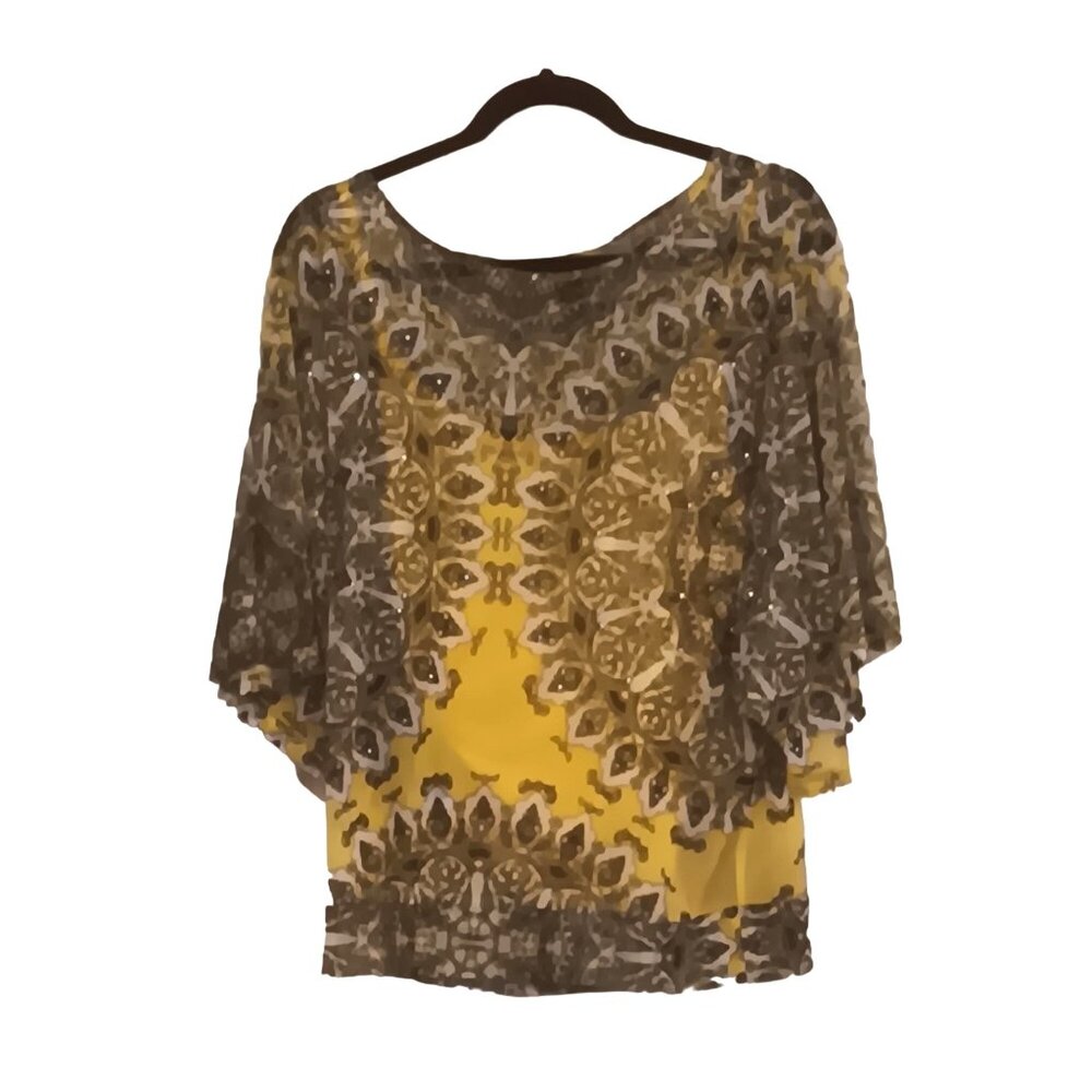 International Concepts Womens Large Sheer Yellow Brown Patterned Tunic Blouse